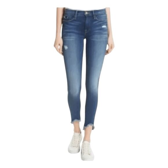 Frame Le Skinny de Jeanne Triangle Hem Jeans Blue Medium Wash Distressed Denim 2 - Picture 1 of 9